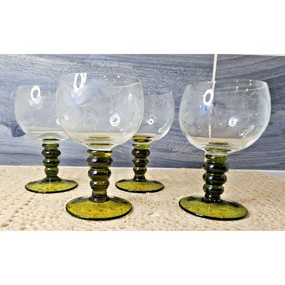 4 Vintage German Roemer Rummer Crystal Wine Goblet Etched Grapevine Green Stems